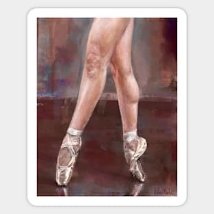 Painting of Ballet Dancer Legs and Shoes on Pointe, Maroon Background Sticker